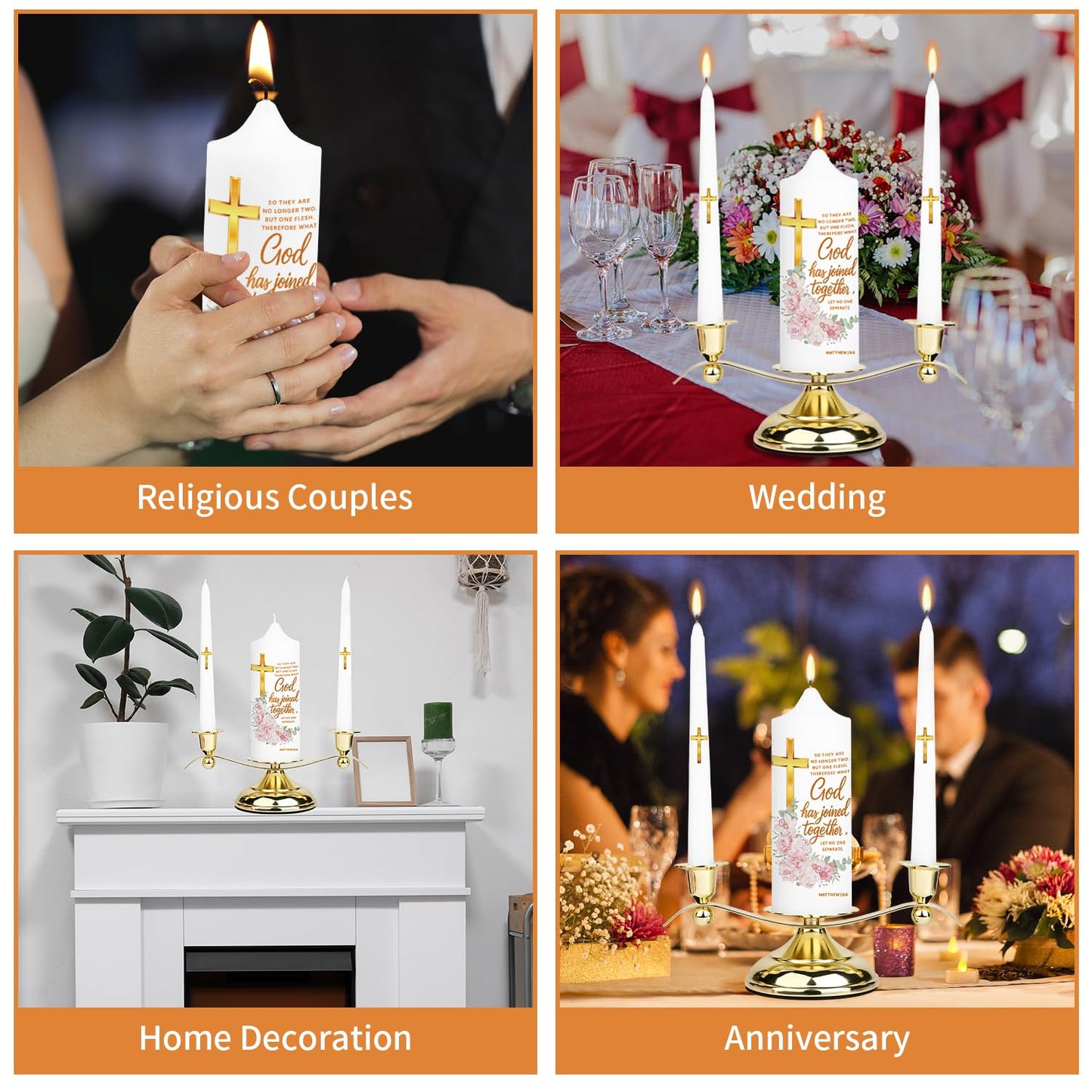 LakWilows Unity Floral Candles for Ceremony with Gold Metal Holder, Wedding Candle with Cross & Scripture, Christian & Catholic Wedding Ceremony Candle for Bride and Groom