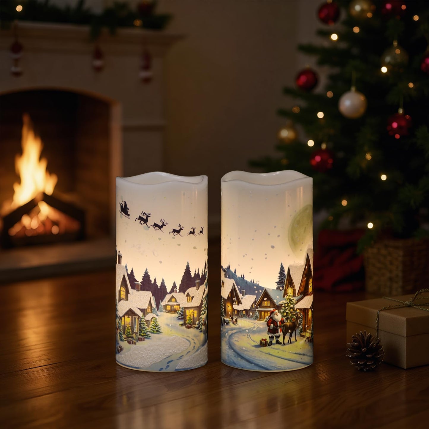 GenSwin Christmas Flameless Candles with Remote Timer, Set of 2 Christmas LED Battery Operated Pillar Candles with Snow House, Santa, Reindeer Decals for Holiday Winter Party Home Decor(D3” x H6”)