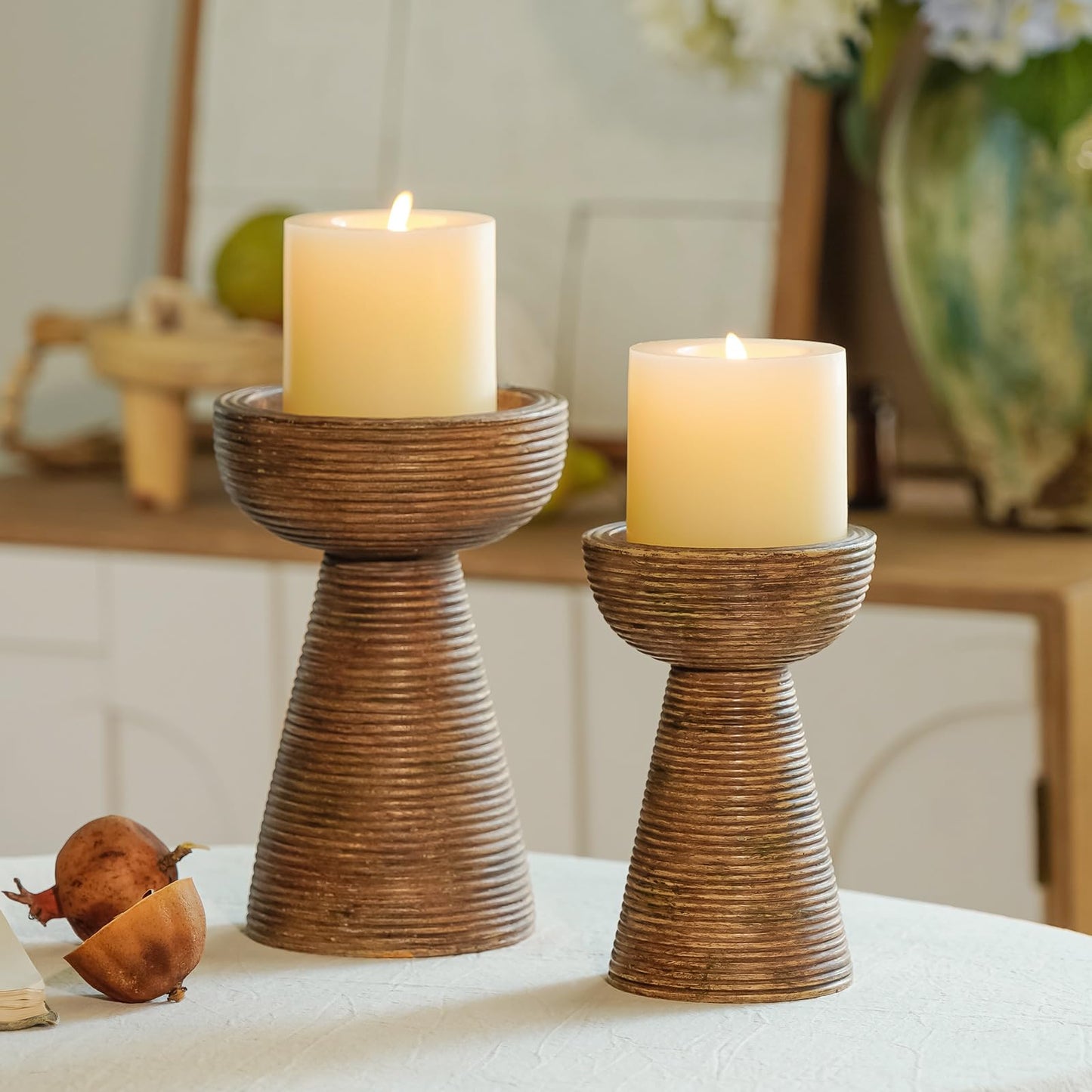 NIKKY HOME Modern Farmhouse Pillar Candle Holders Set of 2, Rustic Resin Candlesticks Pedestal Stand, Fireplace Mantle Table Centerpiece Decor, Brown