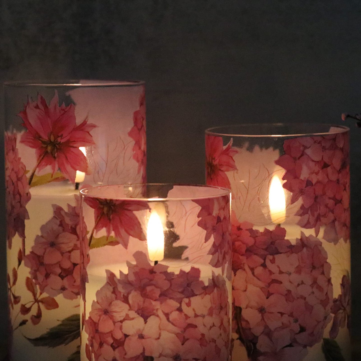 DRomance Pink Hydrangea Glass Flameless Candles with Remote Timer Battery Operated LED Pillar Candles Realistic 3D Wick Flickering Real Wax Wedding Dinner Holiday Decor Candle 3 x 4,5,6 Inches