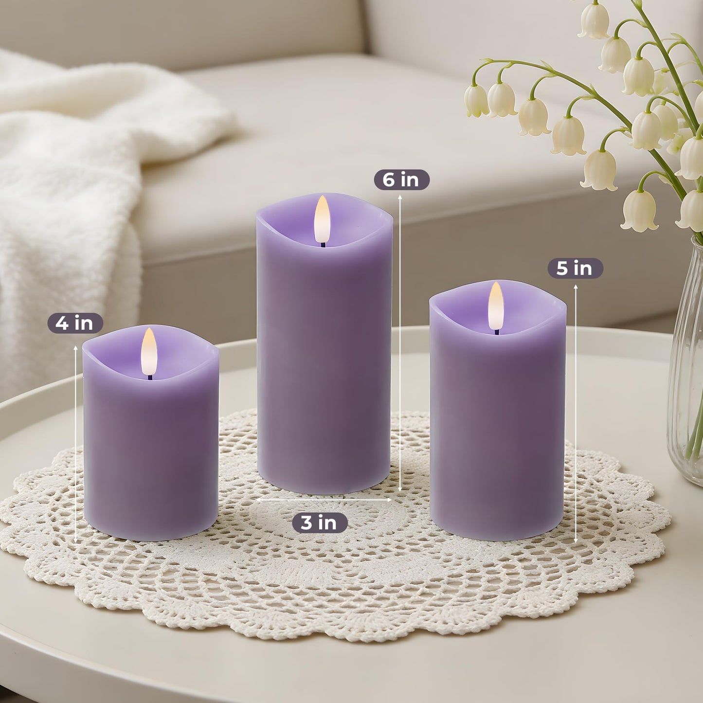 Velsyn Purple Flameless Candles with Remote and Timer, Real Wax Made LED Pillar Candles Battery Operated with 3D Flickering Flame Melted Edge, 3" x 4",5",6", Set of 3 (Pastel Purple)