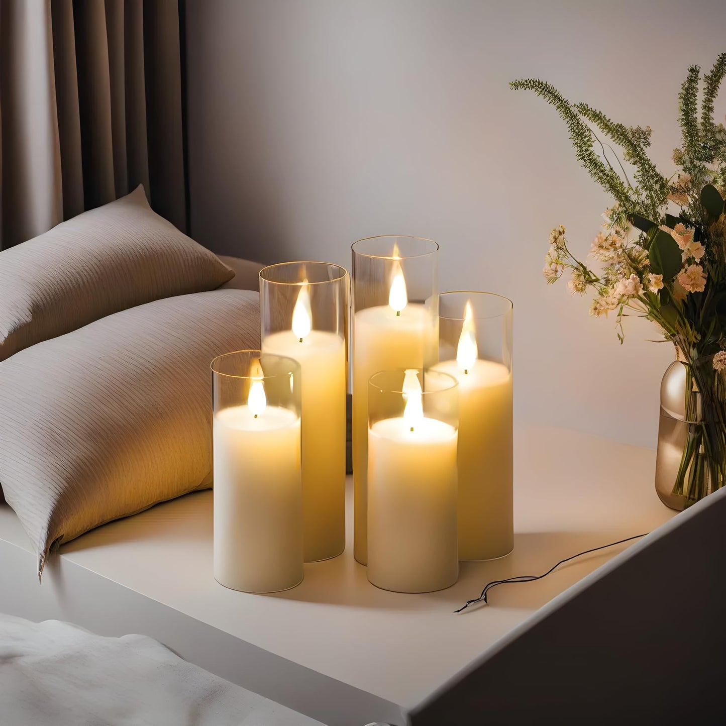 NICEME 5PCS Clear Glass LED Flameless Candles with Remote Timer, Flickering Battery Operated Pillar Candles Teardrop Flame Black Wick Romantic Real Wax Electric Votive Candles for Halloween Christmas