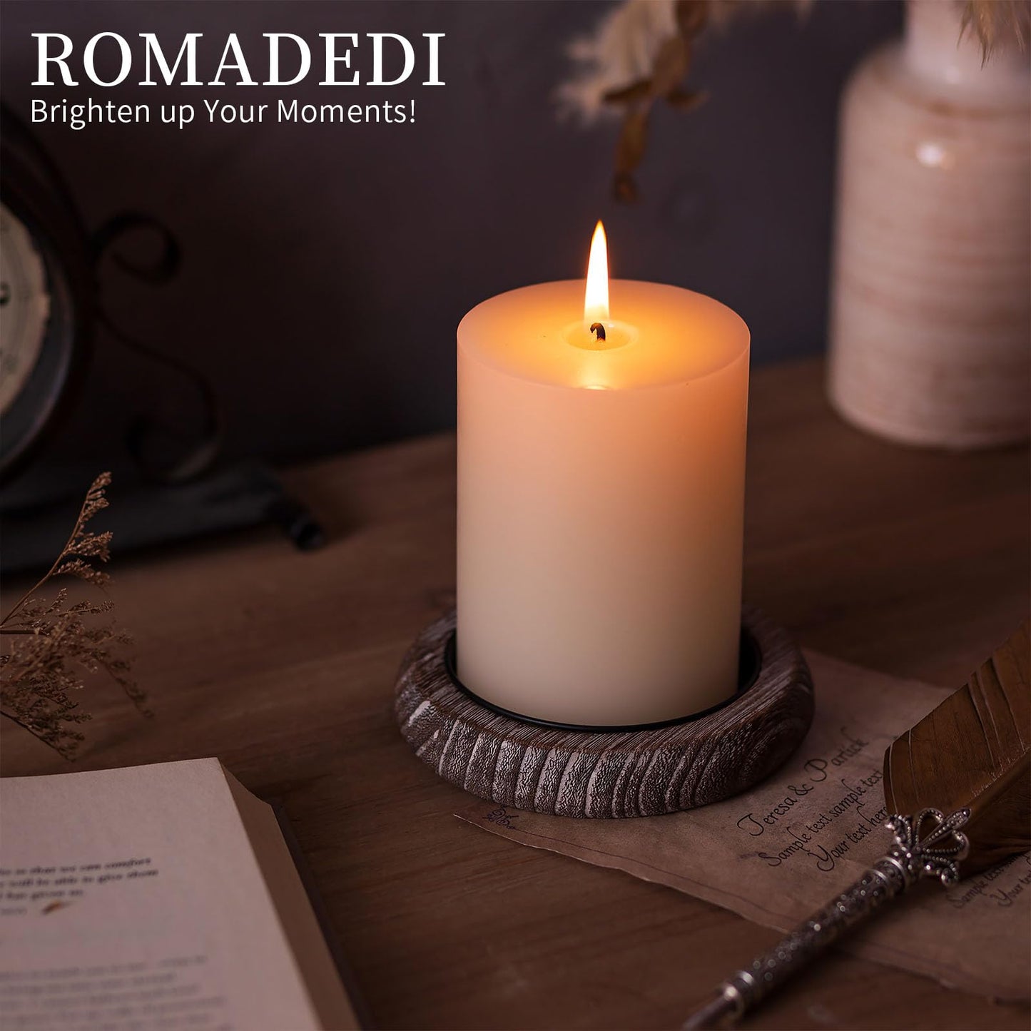 Romadedi Wood Candle Holder Farmhouse Decor - Pillar Candle Holders for Table Centerpiece Small Tray Riser Set of 4 Round Wooden Plate Pedestal Stand for Coffee Table Home Living Room, Whitewash