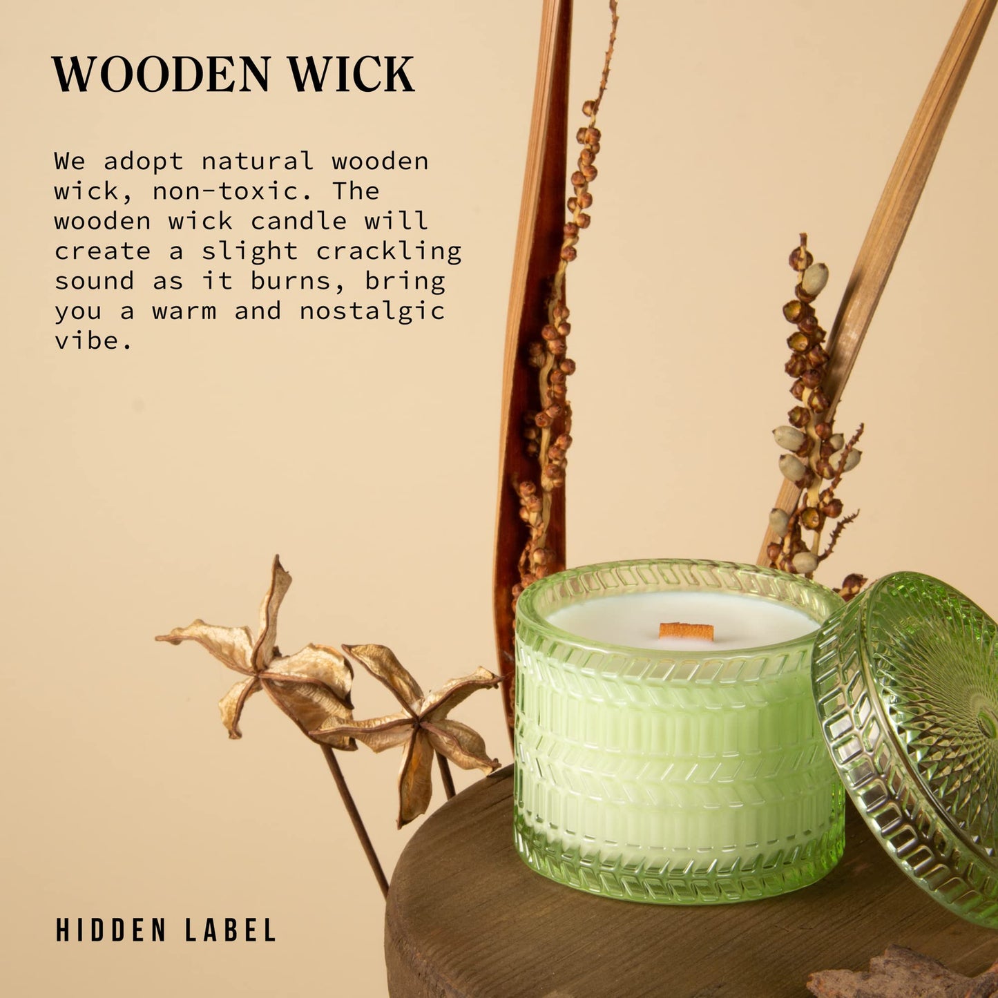 Hidden Label Decorative Jar Candle,Wood Wick Candles, Fresh Cotton + Citrus &Sage Scented Candle