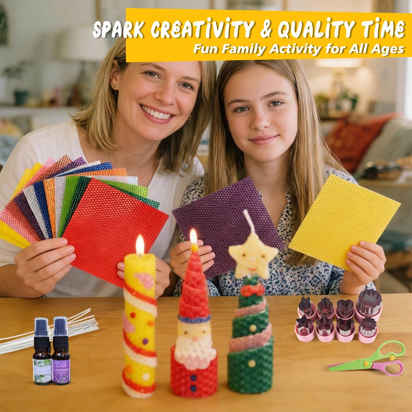 WcoDusak Beeswax Candle Making Kit for Kids, 100% Pure Beeswax Sheet for Candle Making with 20 Colorful Sheets, 8 Press-Out Molds, Glass Candle Holders & Complete Gift Supplies Creative DIY Craft