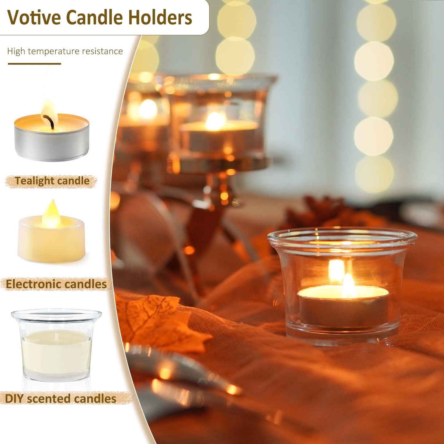3-Arm Metal Tea Light Candle Holder Set with 5 Glass Cups, Votive Candle Holders Centerpiece Candelabra for Wedding Table Decor, Home Gatherings and Holidays (Gold, 5 Cups)
