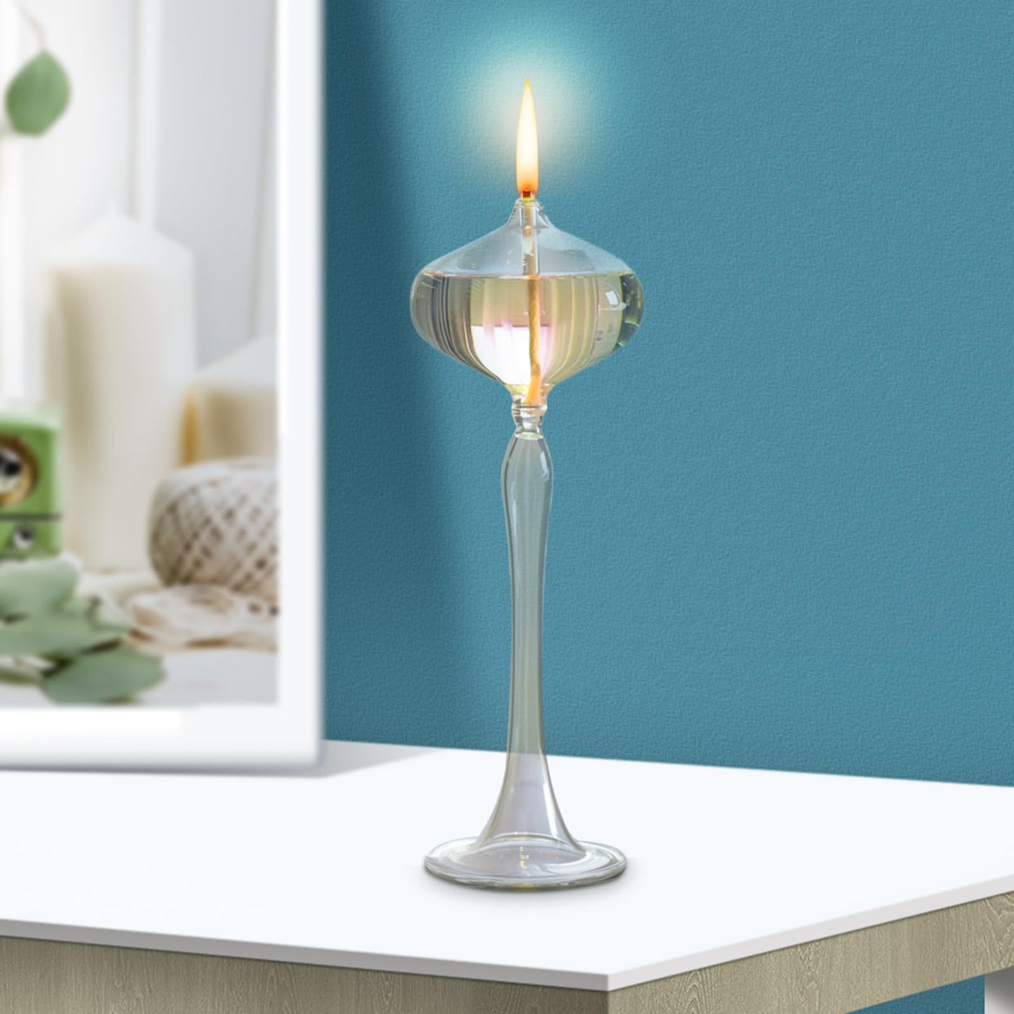 Miniature Glass Oil Lamp with Handle - Refillable Kerosene Wick Lantern for Indoor Use and Home Party