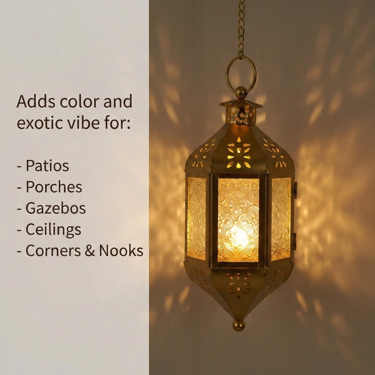 Vela Lanterns Hanging Moroccan Lamp - Exotic Decorative Patio & Porch Decor, Indoor Outdoor Tea Light Candle Lantern Holder with Chain (11" Medium, Gold)