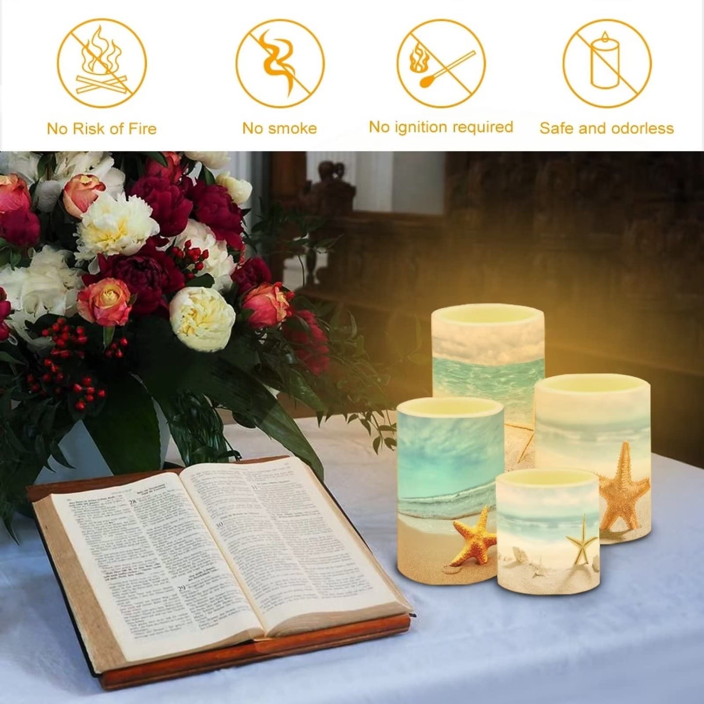NETILGEN LED Flickering Candles Battery Operated Candles Set of 4 with Remote Control Timer Dancing Flame Pillar Candles Home Table Coastal Decoration, Beach Coastal