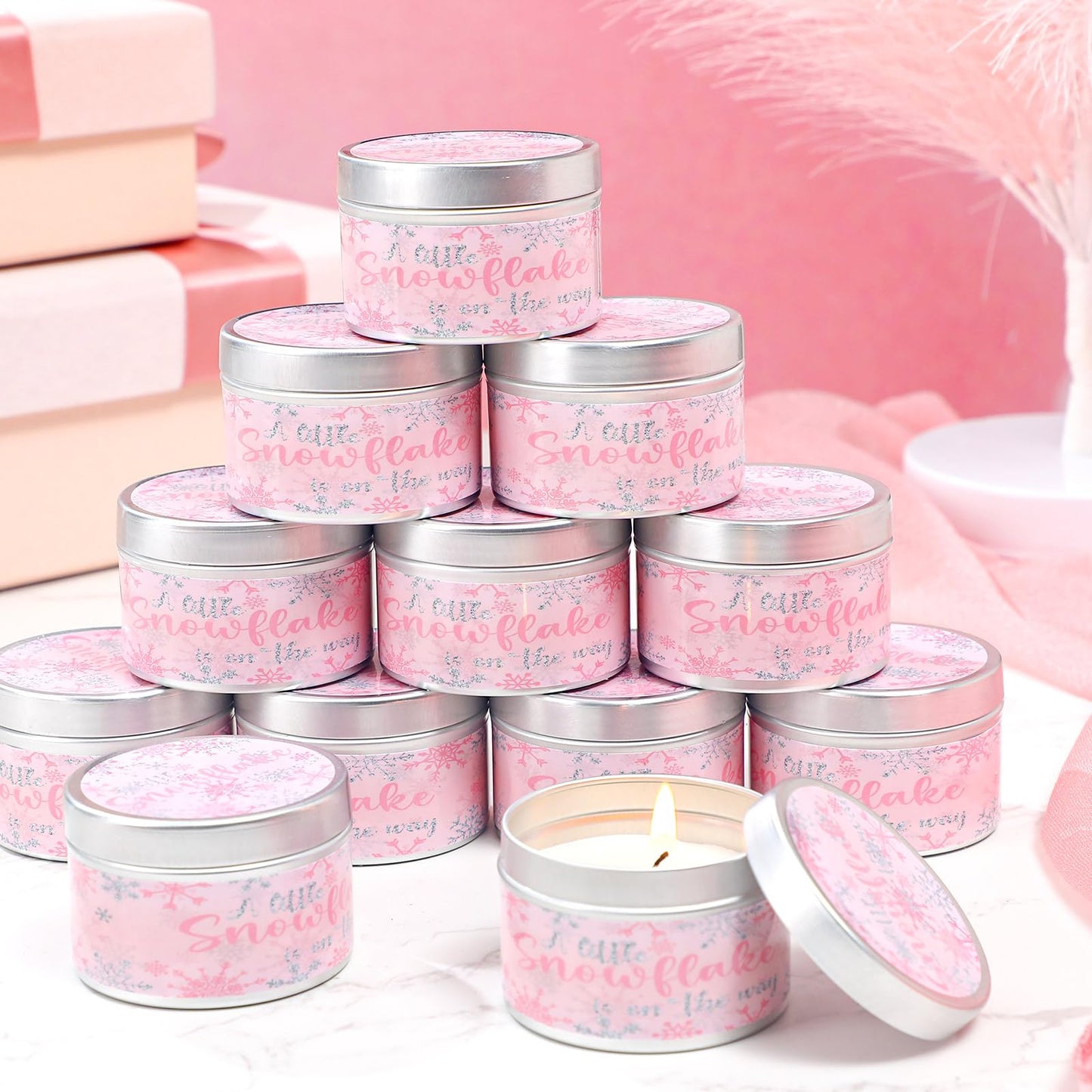 MTLEE 24 Pcs Snowflakes Baby Shower Party Favors Candles Lavender Scented Baby Shower Favors for Guests Rustic Tealights Candles Gender Reveal Return Gifts (1.2 oz, Pink)