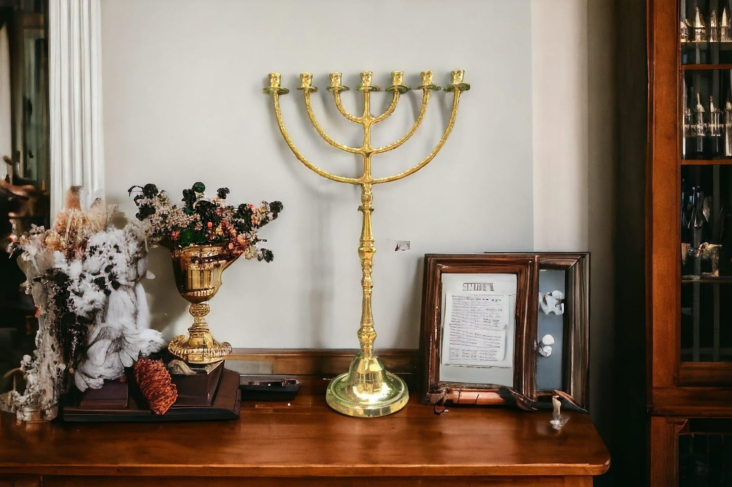 Giant Temple Menorah 7 Seven - Branch | 32-Inch (81cm) Solid Brass Candelabra | Large Gold Jewish Menora for Candles & Oil Cups