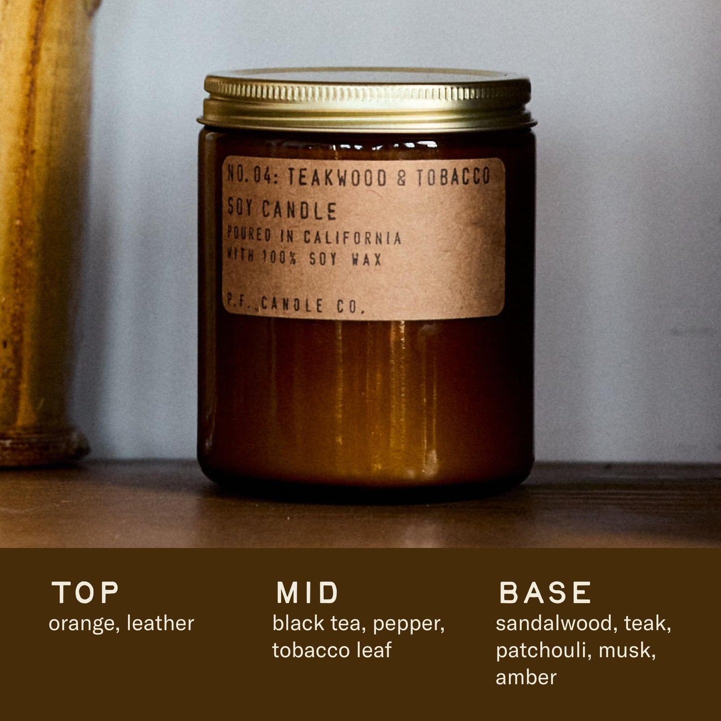 P.F. Candle Co. Teakwood & Tobacco Classic Standard Scented Soy Wax Candle (7.2 oz) 40-50 Hour Burn Time, Amber Glass Jar, Made in The U.S.A.