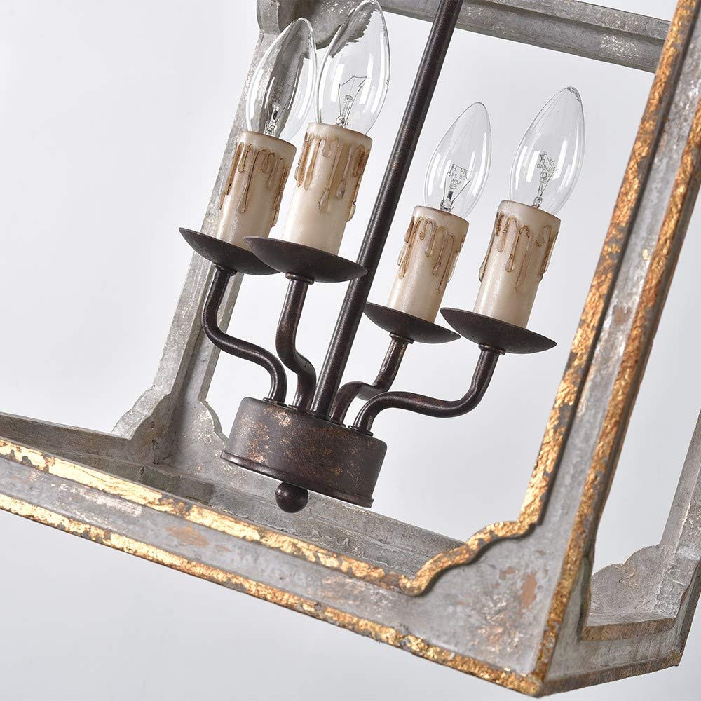 LOVEDIMA French Country Chandelier 4-Light Lantern Pendant Lighting Square Wood Metal Chandeliers Hanging Light Ceiling Light Fixtures in Antique Gray & Antique Gold