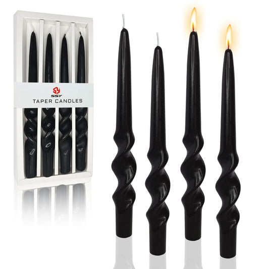 FCMSHAMD Handmade Spiral Taper Candles - Unscented Long Candles Colored Wax Twisted Candle - 10 Inch Candle Sticks for Wedding Dinner Party Decoration - Set of 4(Black)