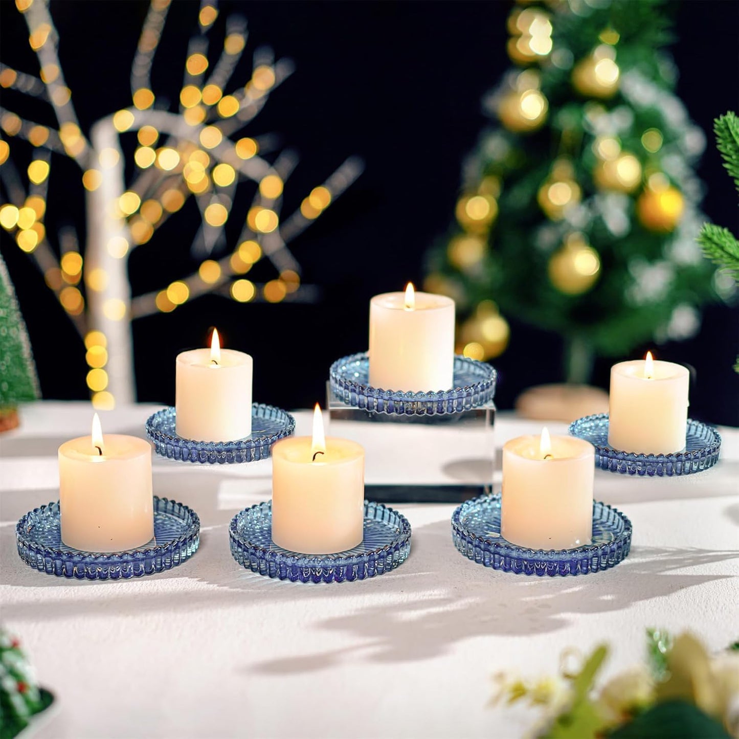 Kanpura Set of 6 Blue Glass Candle Plates, Pillar Candle Holder Plates,Glass Coaster Holder,Small Round Trays for Christmas Party Wedding Centerpiece