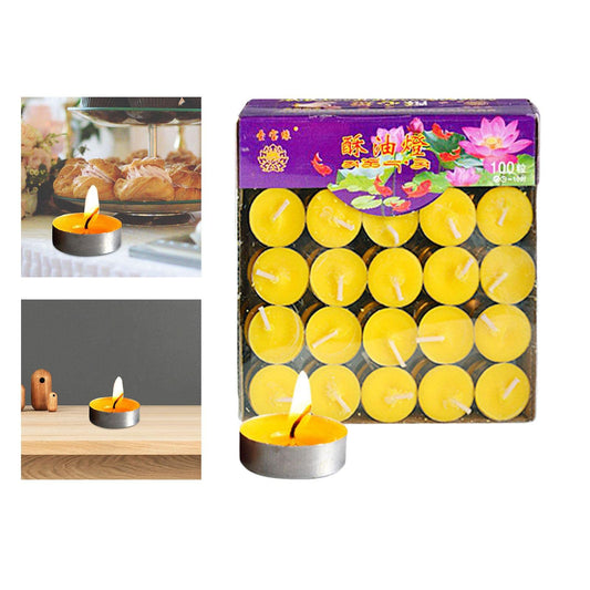 Duiaynke 100x Smokeless Round Candles 1H Long Burning Tea Light Tibetan Buddhist Church Tealight Ghee Butter Lamp Candles for Wedding Meditation Rituals Altars (Yellow)