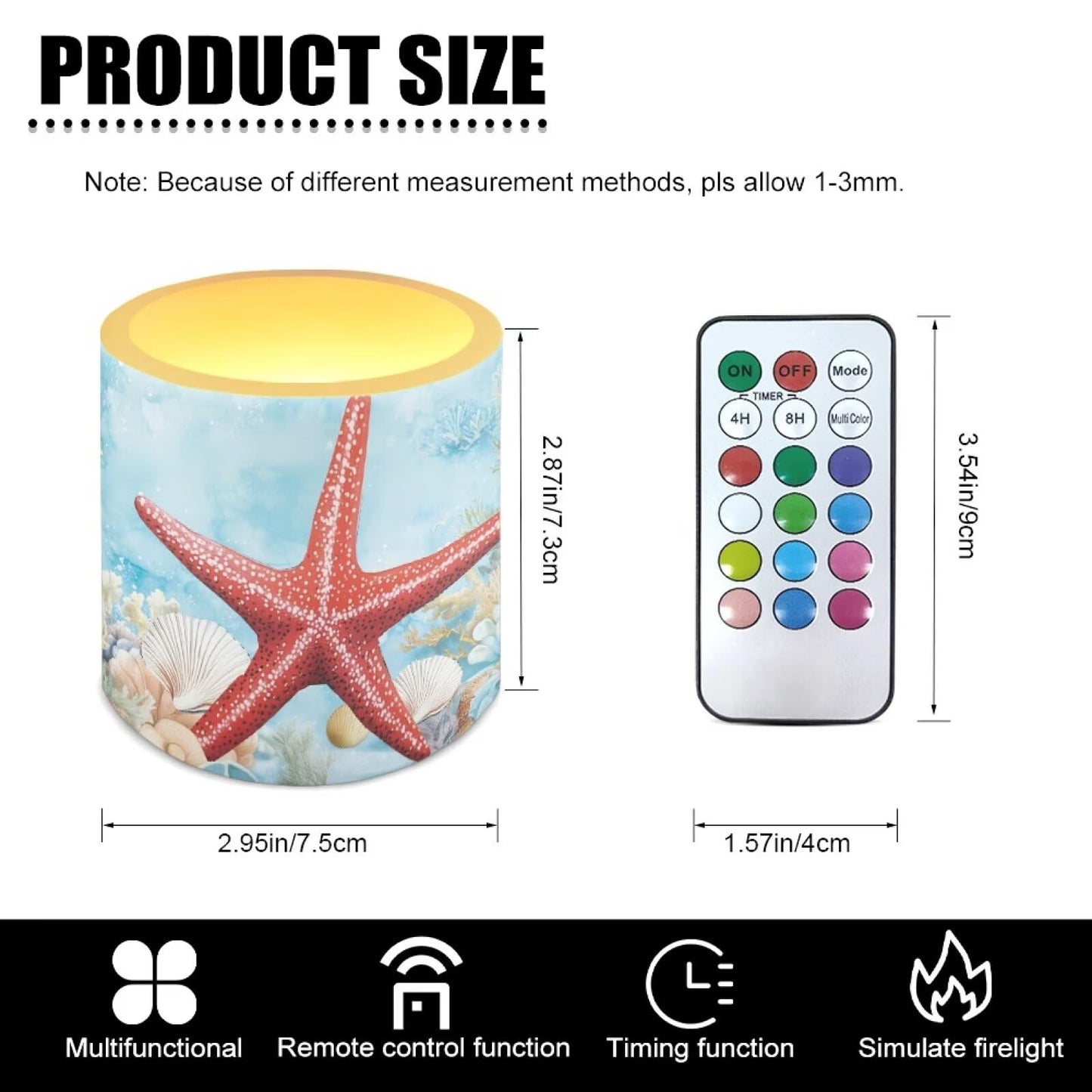 NETILGEN 4 Packs Decorative Flameless LED Candles Red Starfish Print Color Changing Battery Operated Flickering LED Pillar Candles with Remote Timer Control