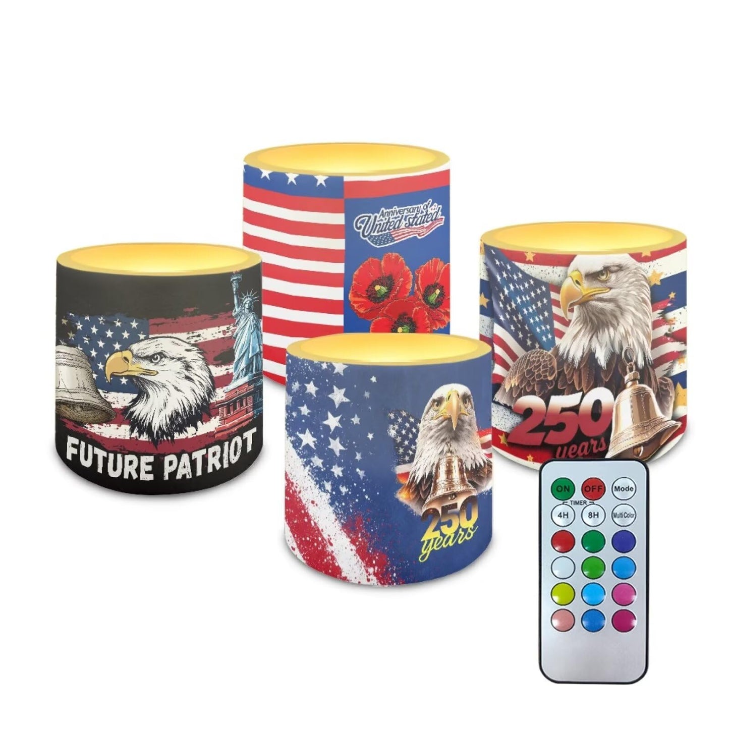 NETILGEN 250 Years American Flag Eagle 4 Pieces Flameless Candles with Remote Timer Battery Operated LED Flickering Candles for July 4th USA Independence Day Decor