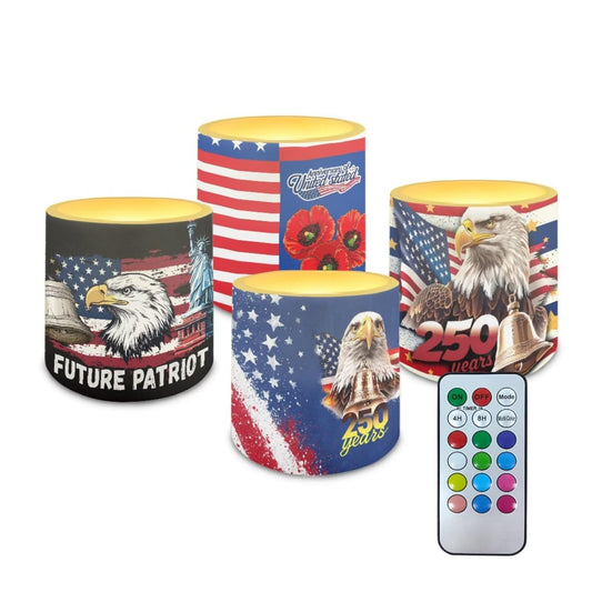 NETILGEN 250 Years American Flag Eagle 4 Pieces Flameless Candles with Remote Timer Battery Operated LED Flickering Candles for July 4th USA Independence Day Decor