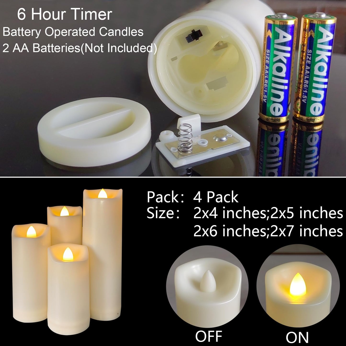 4 Pack Battery Operated Candles 2"x4"/5"/6"/7" Plastic Flickering LED Flameless Candles with Timer Outdoor Waterproof Wedding Party Halloween Christmas Decoration Realistic Slim Tall Pillar Candles