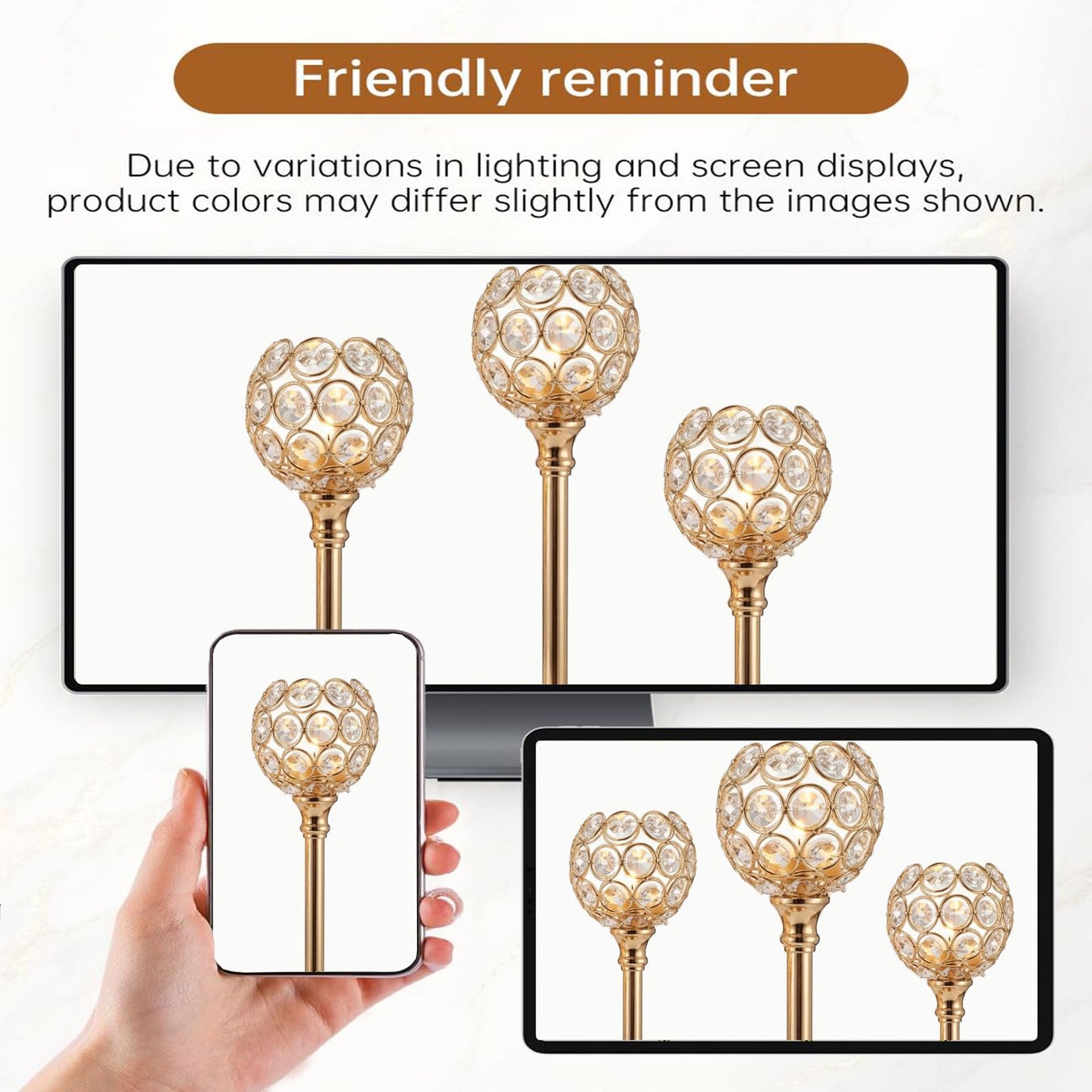 HearthLume Candle Holder Candlestick Holders- 1Set Gold Crystal Pillar Candle Holders,Metal Candlestick Stands for Wedding Centerpieces,Table Decor for Church,Valentine's Day Housewarming Gift,3Pcs