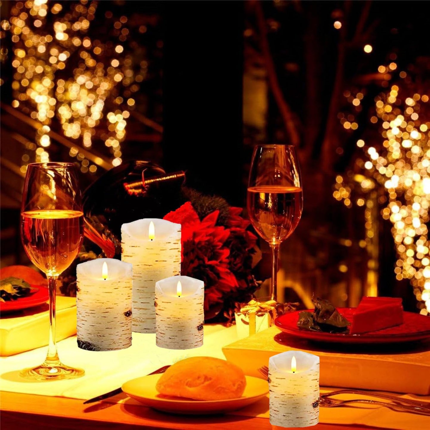 3 Pack Birch Bark Flameless Candle Set, 4" 5" 6" Flickering Battery Operated Candles with Remote Control, Electric Candle with Timer, Dancing Flames Real Wax LED Pillar Candles for Home Decor Party