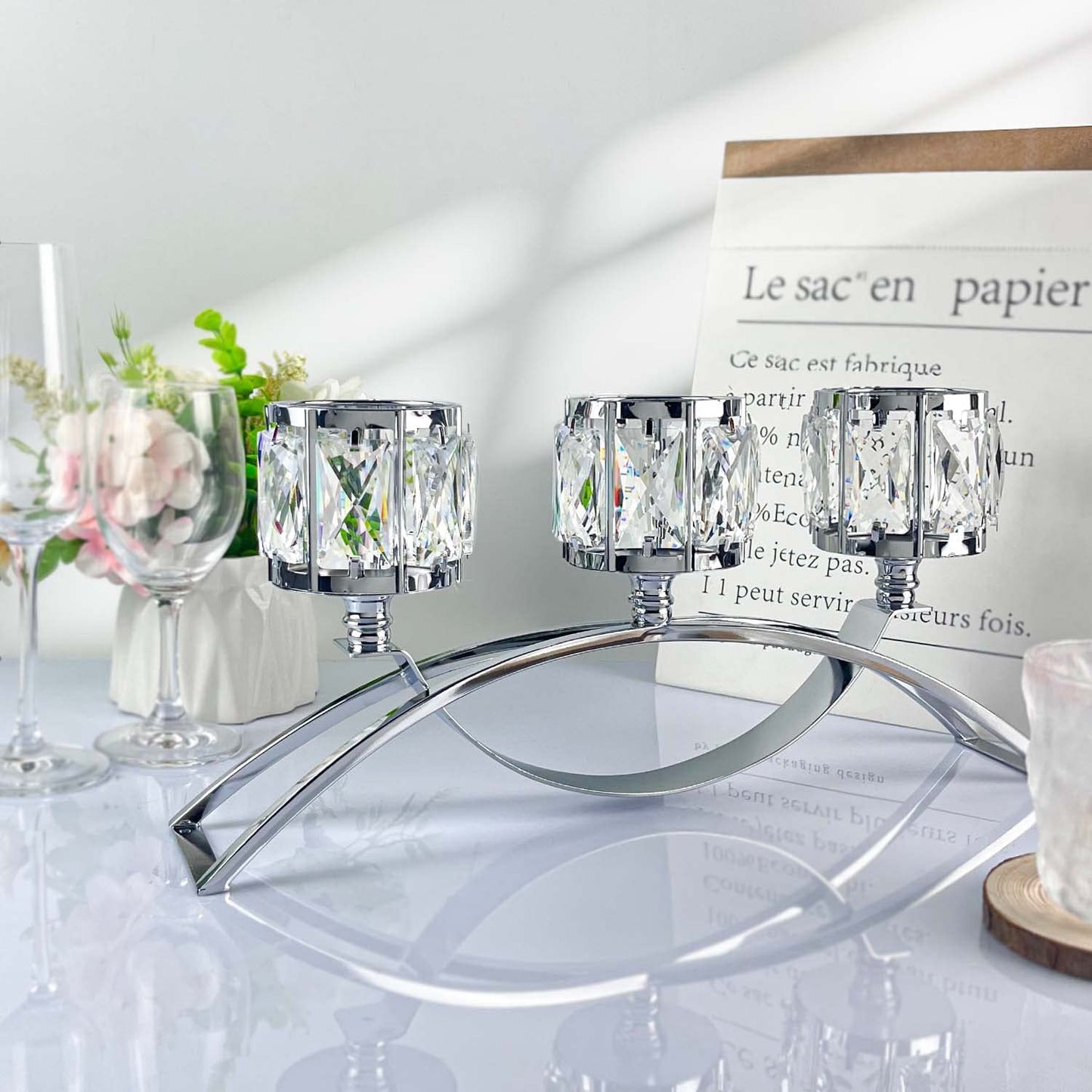 KEHAIL 3 Arms Crystal Candle Holders, Arch Candlestick Table Candelabras Centerpieces for Wedding, Dinning Room, Cabinet Ornaments, Home Decoration， Gift (3-arm Arched, Silver)