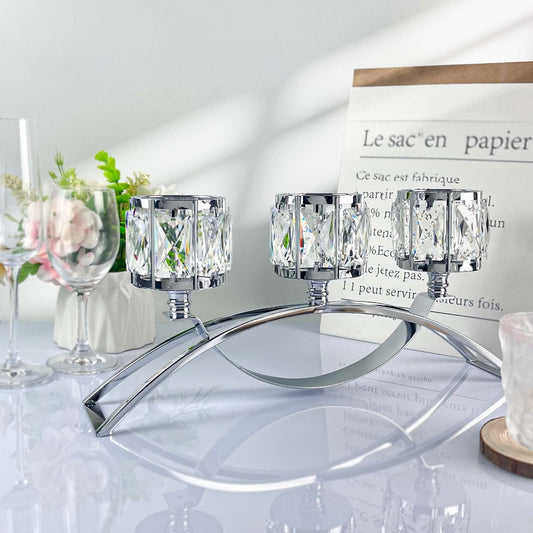 KEHAIL 3 Arms Crystal Candle Holders, Arch Candlestick Table Candelabras Centerpieces for Wedding, Dinning Room, Cabinet Ornaments, Home Decoration， Gift (3-arm Arched, Silver)