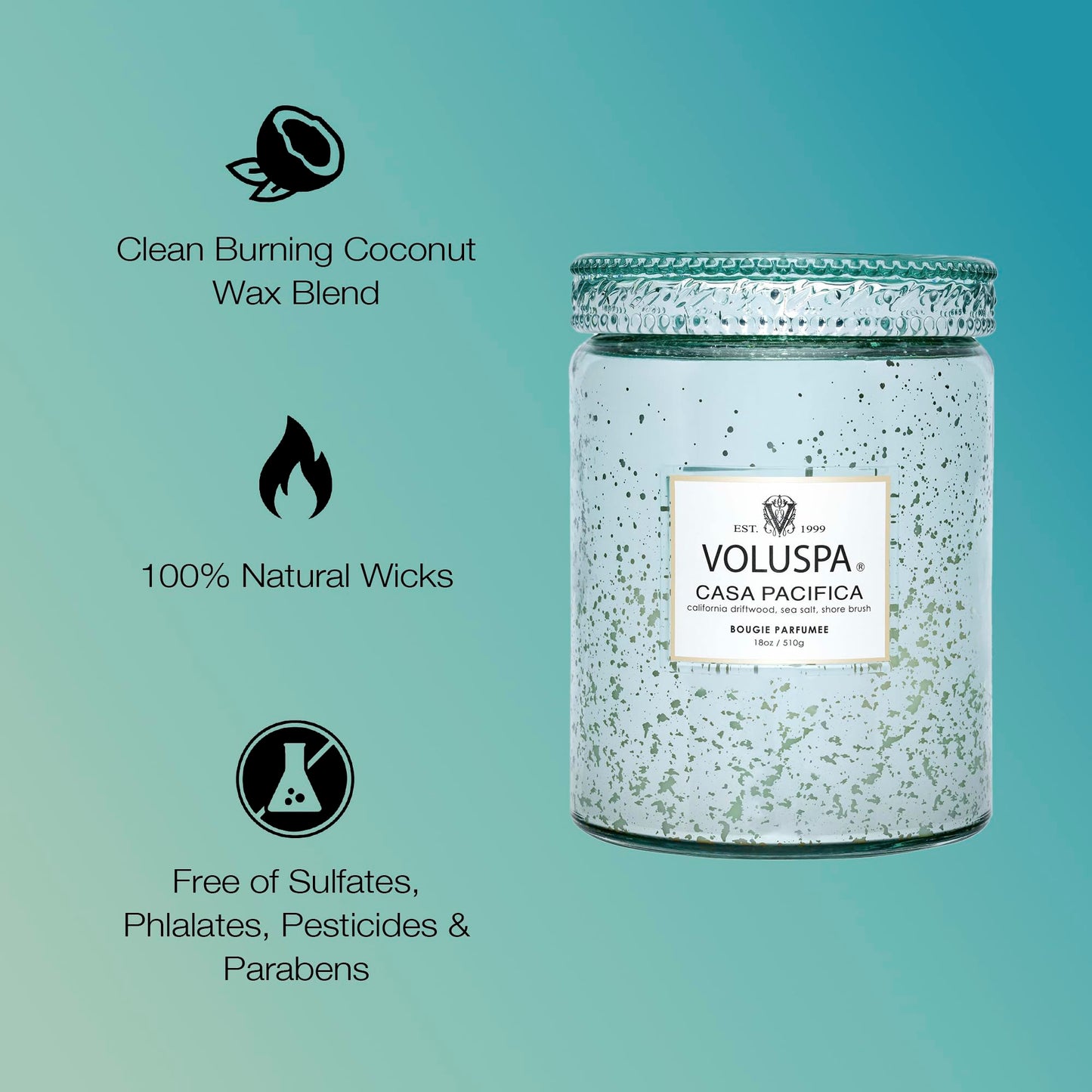 Voluspa Casa Pacifica, Large Candle Jar, 18 oz, 100 Hour Burn Time, All Natural Wicks and Coconut Wax for Clean Burning, Vegan, Poured in the USA