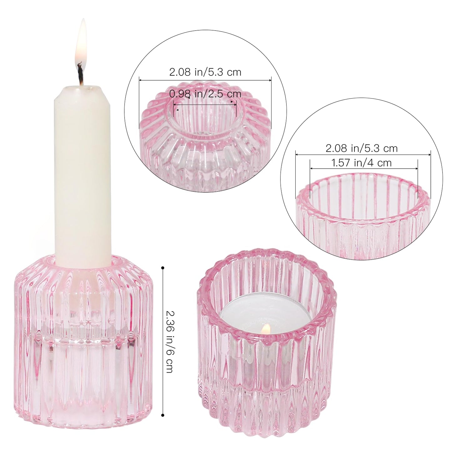 CHOCSTAY Reversible Pink Glass Candle Holder Set of 6, Thick Heat-Resistant Glass Candlestick Holders for Taper, Tealight, Votive, LED Candles, Perfect for Wedding, Party, Home Décor