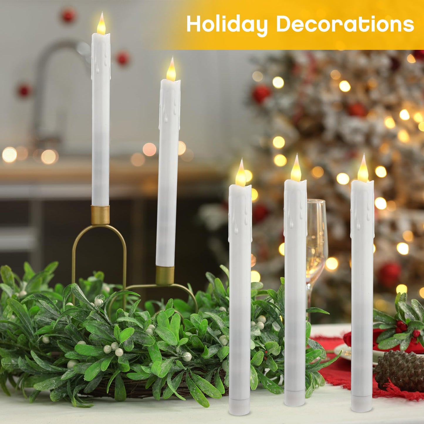 Baquler 50 Pcs 10 Inch White Flameless Taper Candles Dripless Battery Operated LED Flickering Candlesticks Window Candle with 3D Flickering Flame for Wedding Spring Summer Decor