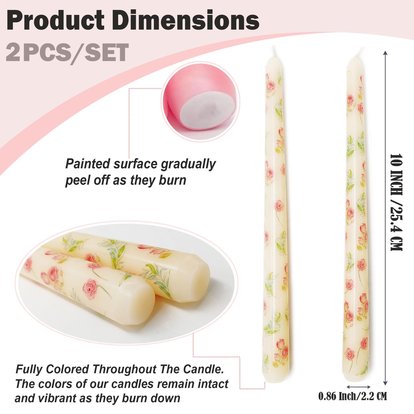 10 Inch Rose Printed Ivory Taper Candles, 2 Pack Smokeless Dripless Candles, Unscented Long Burning for Mother's Day, Wedding Dinner Party, Home Decor