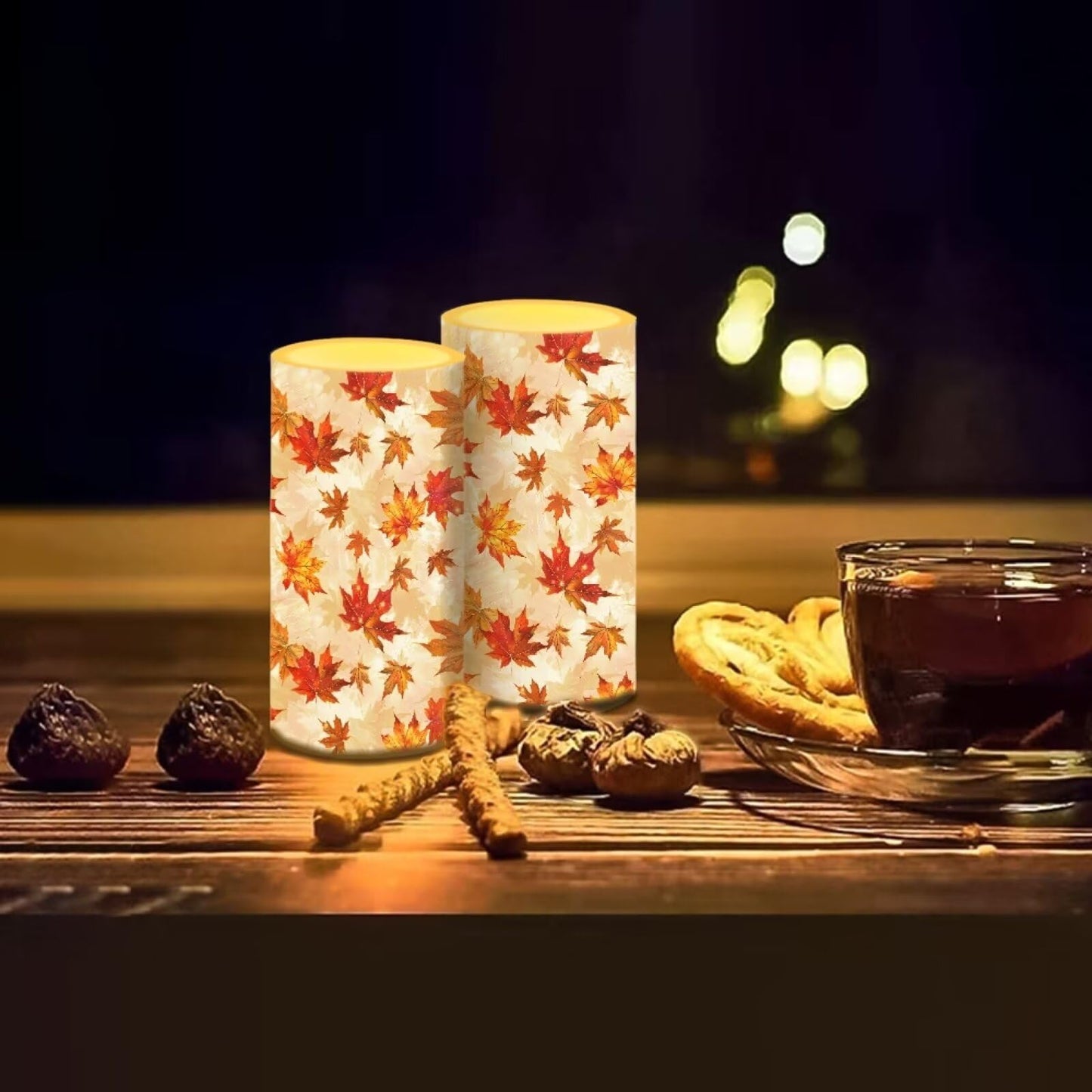 Luarisgur Maple Leaf Decorative Fall Candles for Home Decor Flameless Candles with Remote and Timer LED Candles Flickering Battery Operated Fake Candle for Thanksgiving Holiday Party Room Table Decor