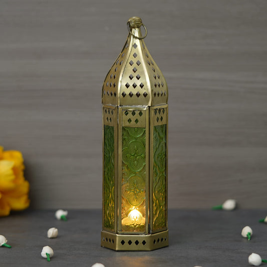 Webelkart Premium Big Size Moroccan Gold, Green Color Metal Iron Lantern Tea Light Holder with Free Tealight for Diwali and Christmas Decorations (11 Inches, Green)