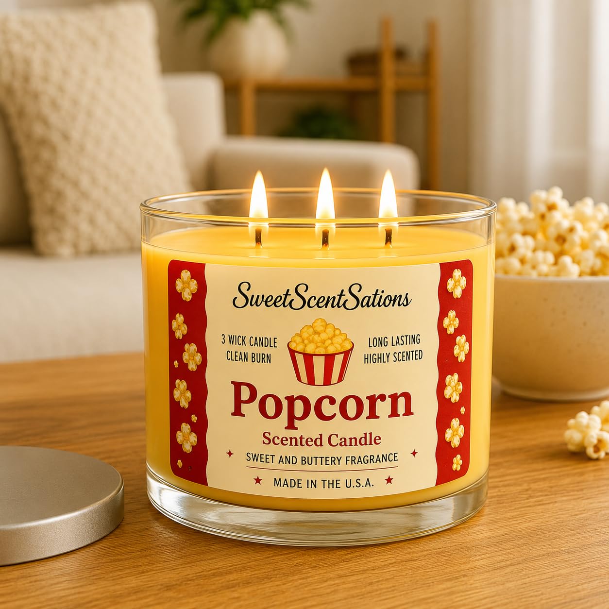 SweetScentSations Popcorn Scented Candle – Salted Butter Popcorn Aroma | Soy Wax Long Burning Candle for Home | Fun Snack-Inspired Candle Gift for Movie Lovers