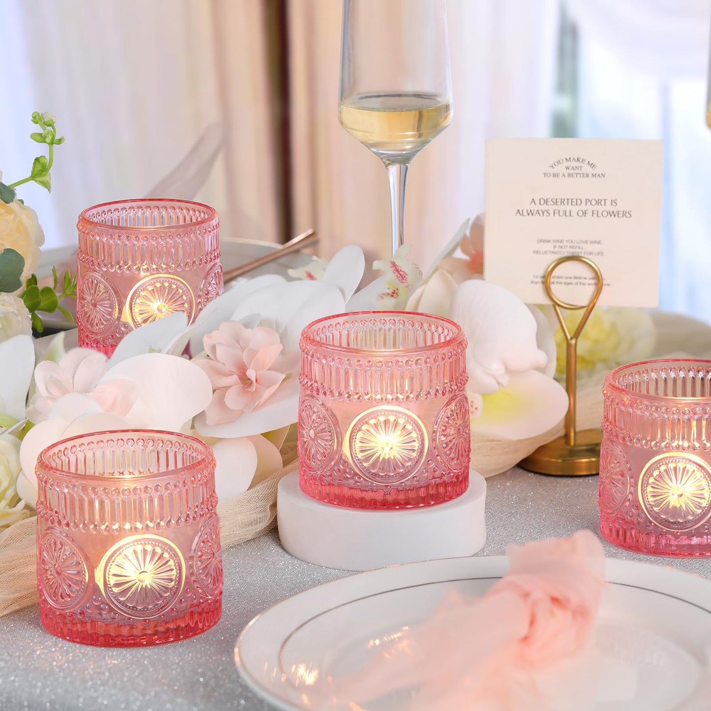Sunnyfuture 6Pcs Large Votive Candle Holders Pink Glass Tealight Candle Holders for Wedding, Table Centerpiece, Party, Birthday, Home Decor
