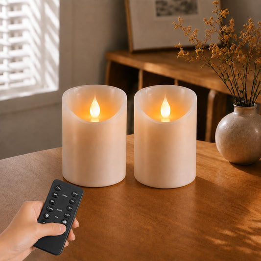 Tediselu 3"x4" Flickering Flameless Candles, Realistic LED Candles, Battery Operated Candles with Remote and Timers, Real Wax Electric Fake Pillar Candles for Festival Wedding Home Party Decor-2Pack
