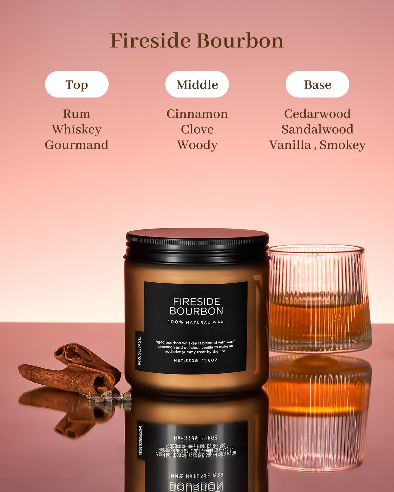 M&SENSE Fireside Bourbon Candles Home Scented, Non Toxic Soy Wax 11.6oz 70 Hours Long Clean Burning, 2 Wick Campfire Candle Cozy Winter Home Decor, Housewarming Gifts for Women Men