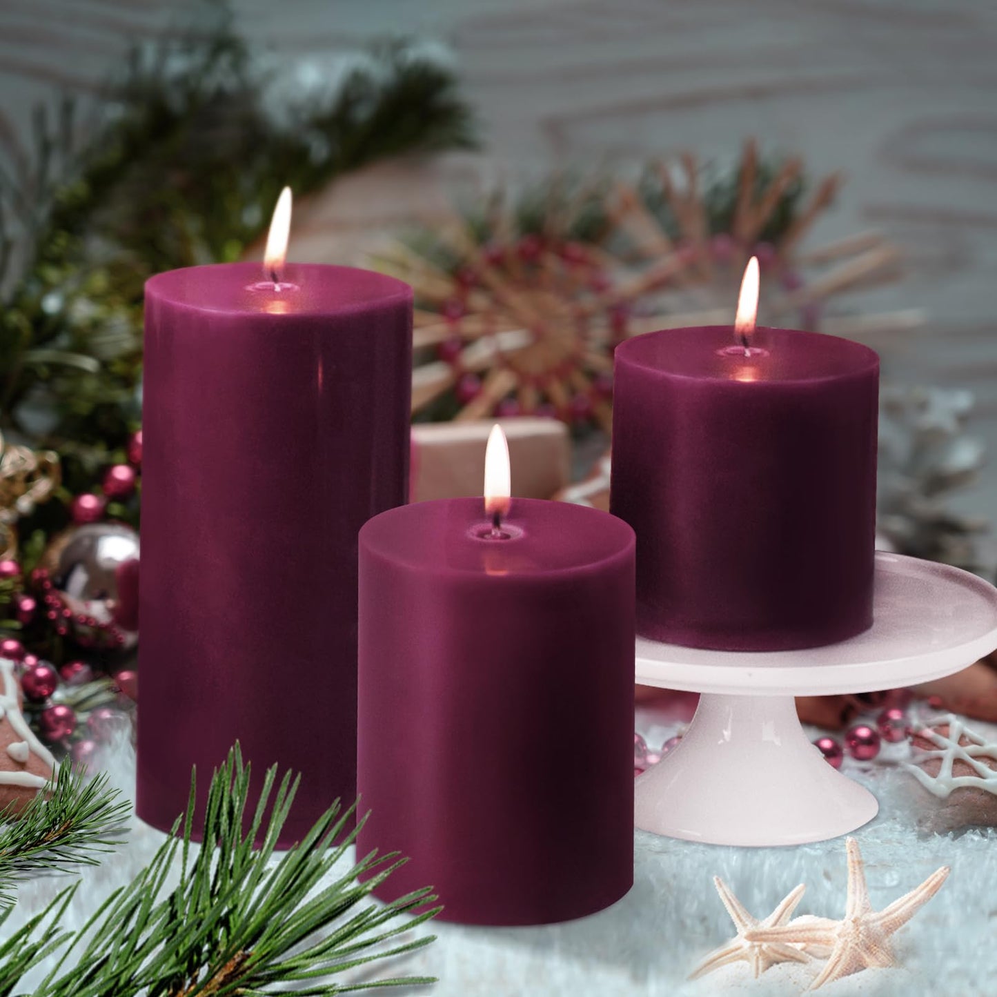 KONNI Purple Pillar Candles Set of 3, 3"x 4" Unscented Pillar Candles Bulk, 39 Hours Long Burning Candles, Smokeless&Dripless Large Round Candle for Wedding, Home Decoration, Parties, Spas, Dinner