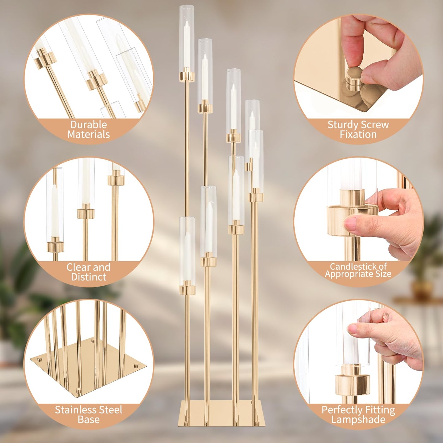 2 Sets Gold Candelabra,8 Arm Candlestick Holders with Acrylic Shades, 44'' High Large Floor Candle Holders for Wedding Centerpieces Table Decorations Fit 0.9" Candles and LED Taper Candles