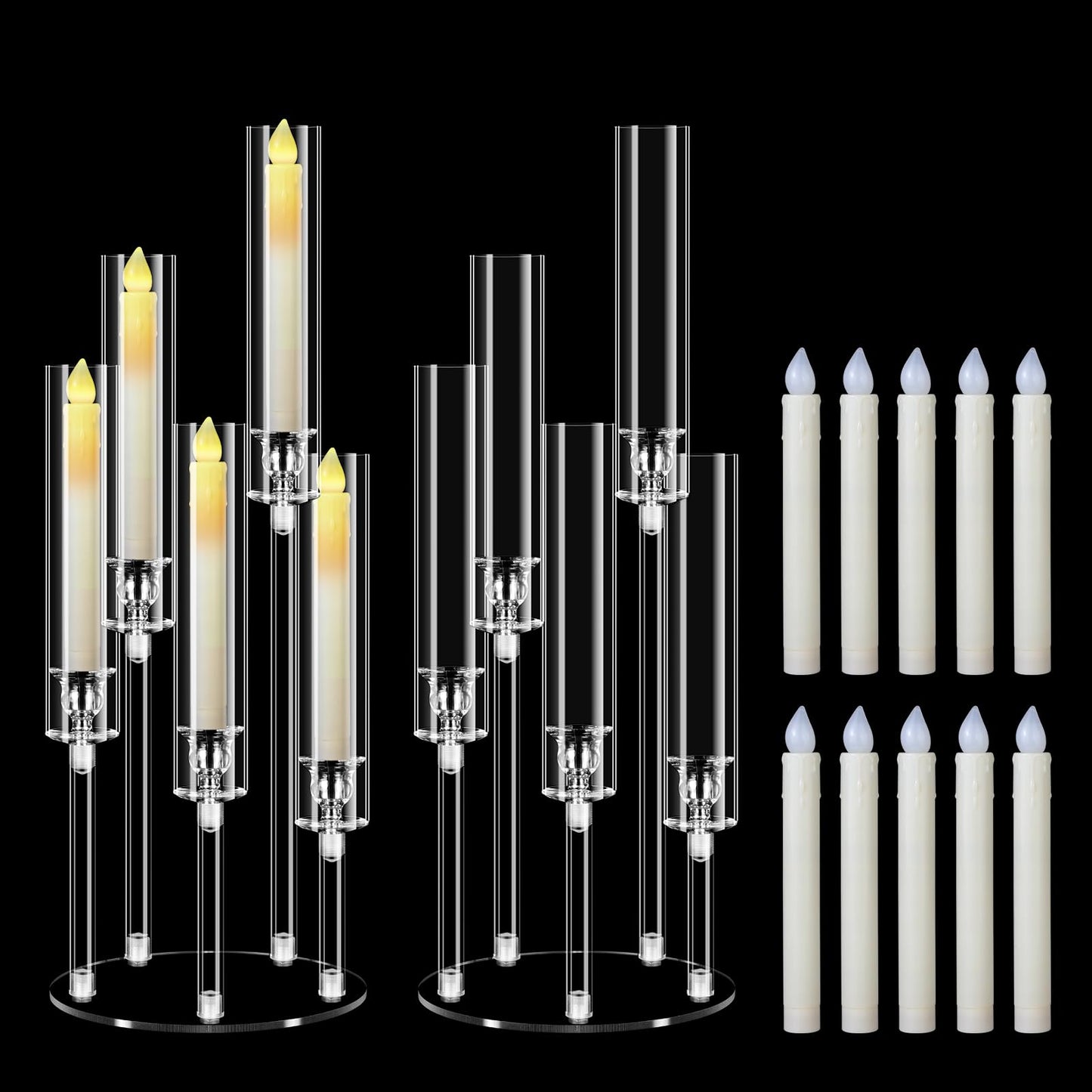 2 Set 5 Arm Acrylic Candle Holder with Candles, Mjkeomo 22.8'' Tall Table Candelabra Centerpiece, Lightweight Candelabra with Lampshades for Fireplace Mantel, Wedding, Housewarming Gift