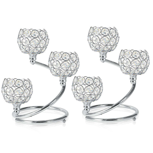 KEHAIL Metal Crystal Candle Holder Set of 2 - Elegant 3-Arm Metal Tea Light Centerpiece with Shining Crystal Bowl, Wedding Anniversary Table Decor for Dining, Party (Silver, 2 Pcs 3 Arm)
