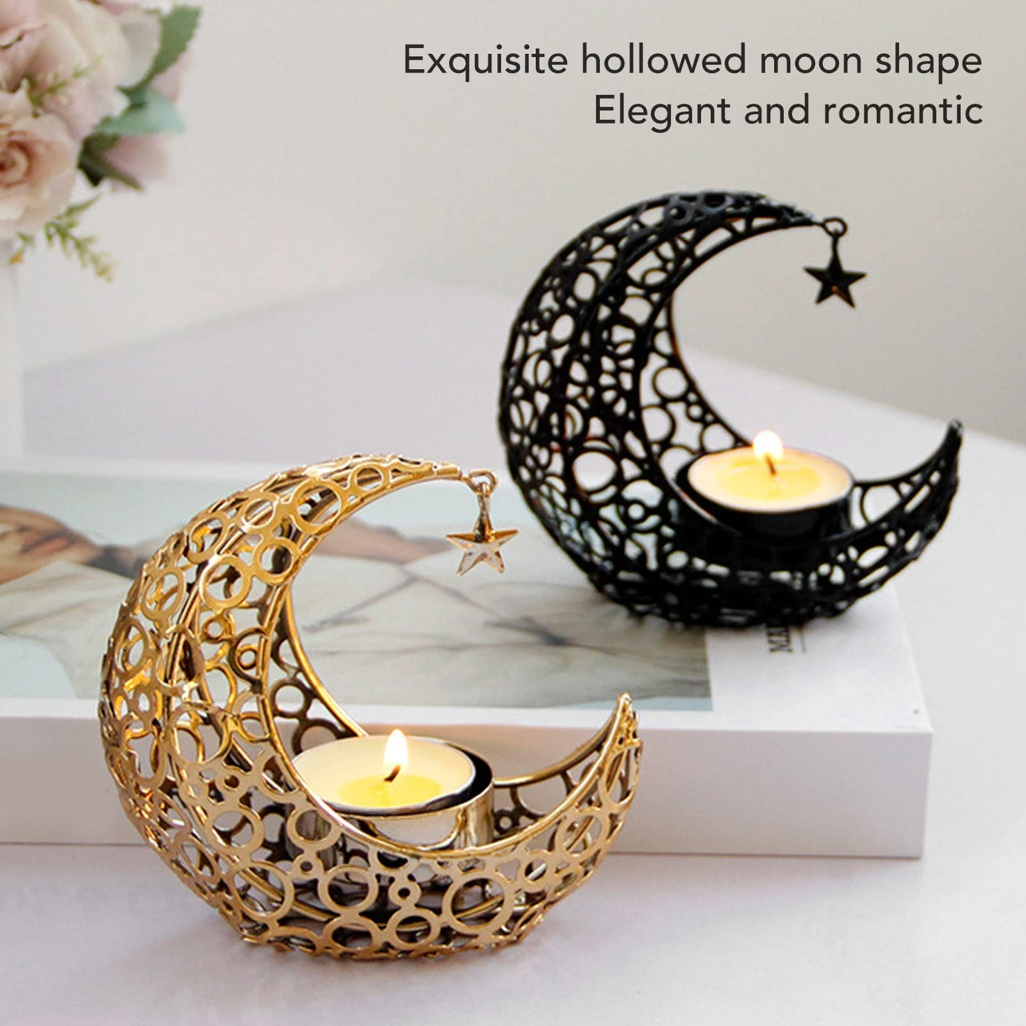 BSTiltion Moon Candlestick Holder Iron Hollowed Candle Holder with Elegant Design for Home Decor Wedding Christmas Decoration (Gold)