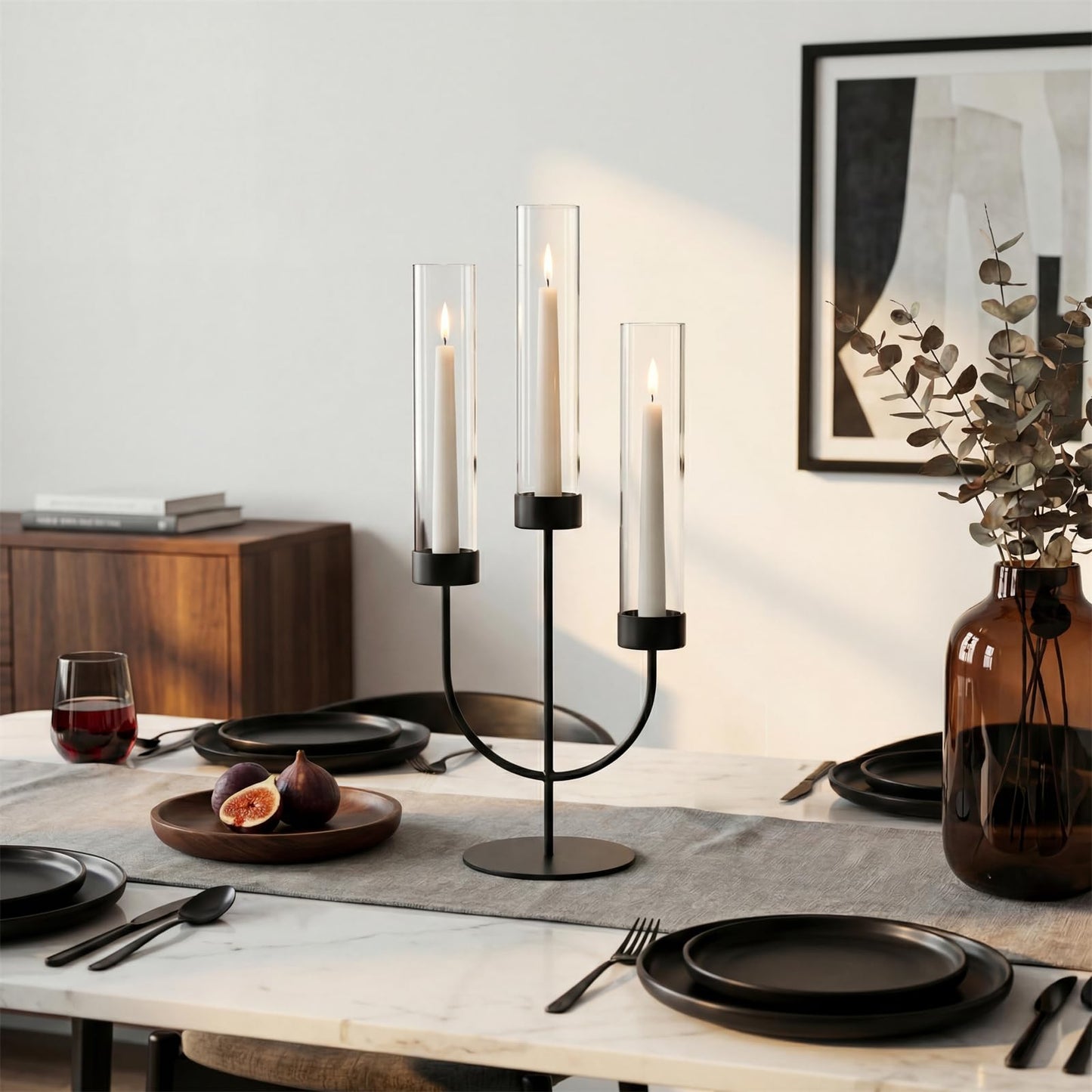 Sziqiqi Black Candelabra Candle Holder: 3 Arm Candlesticks Holder Decor with Glass Hurricane for Dining Table Centerpiece - Metal Candelabra for Halloween Outdoor Dinner Fireplace