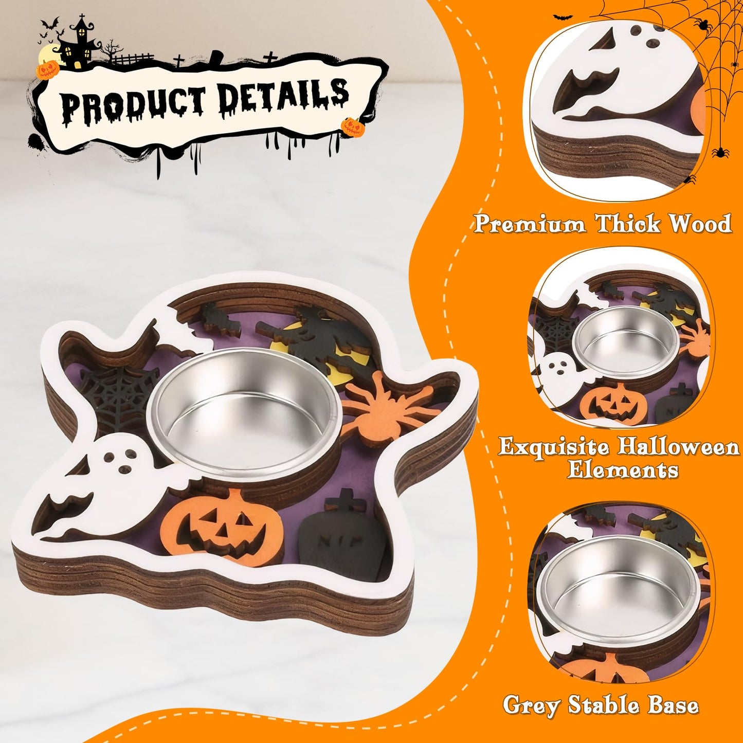 Halloween Tea Light Candle Holders 1PCS Wooden Ghost Tealight Holders with Metal Cups for Halloween Party, Table Centerpiece & Home Décor(White-Ghost)