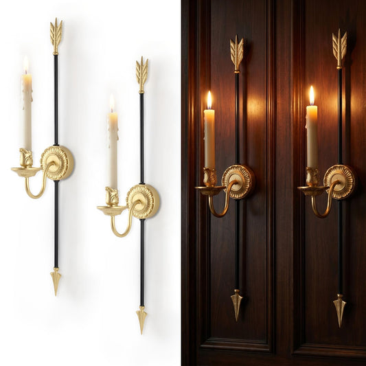 Wall Sconce Candlestick Holder Set of 2, Large Black and Gold Arrow Vintage Gothic Medieval Design Metal Wall Candle Holder, Home Wall Decoration for Living Room, Bathroom, Dining Room