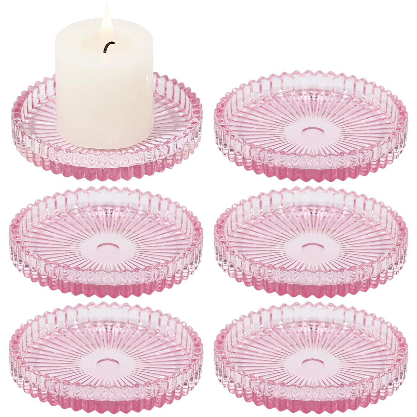 CHOCSTAY Glass Pillar Candle Holder, 4" Pink Candle Plates Set of 6, Glass Candle Holders for Wedding, Party, Holiday, Home Decor, Table Centerpiece