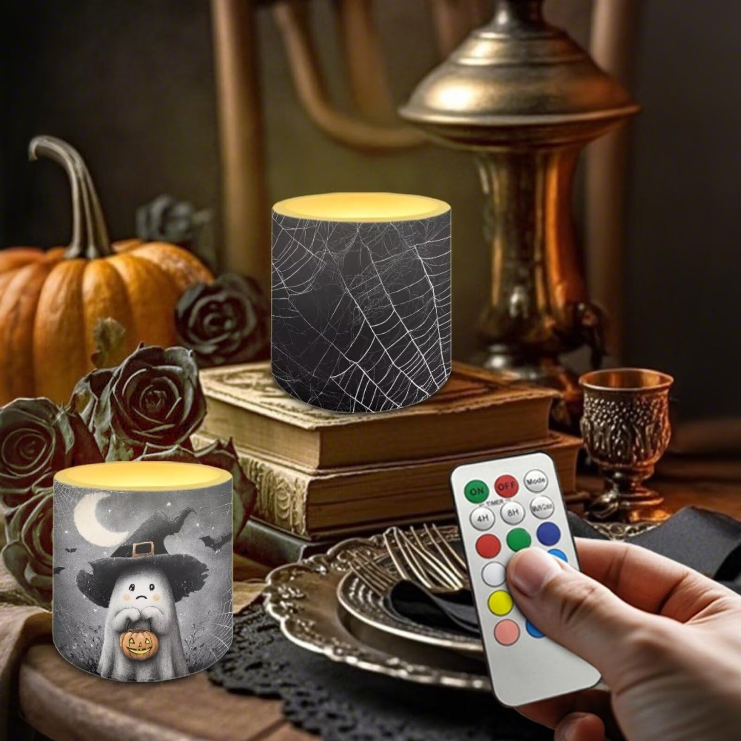 Merkmak Halloween Flameless Candles with Remote Battery Operated Candles with Timer Flickering LED Battery Operated Elictric Pillar Tealights for Home Decorations, Moon Ghost Spider Web