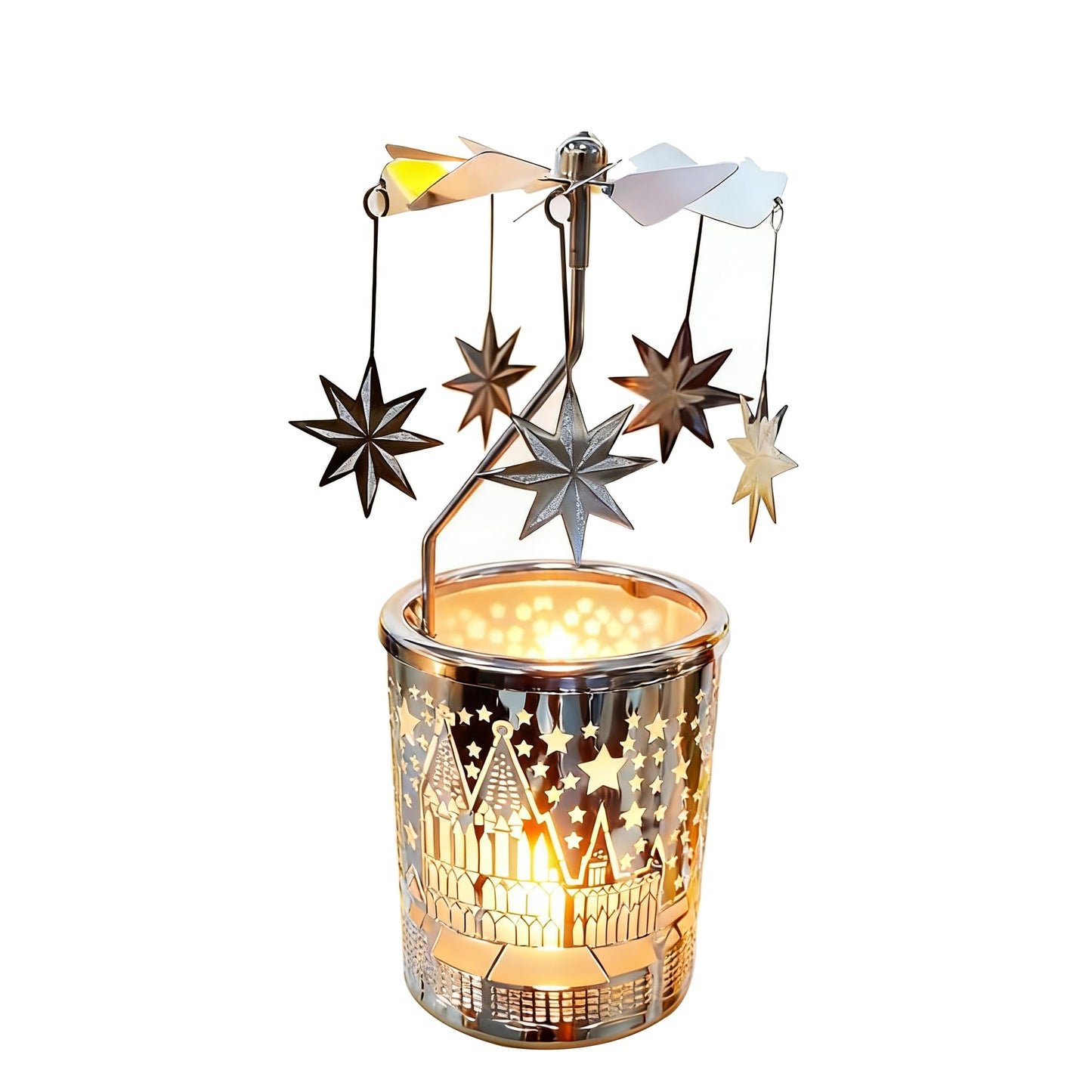 adkinzim Rotary Candle Holders Spinning Tealight Holders Carousel for Tabel Decoration for Children Friend (SIilver Stars)