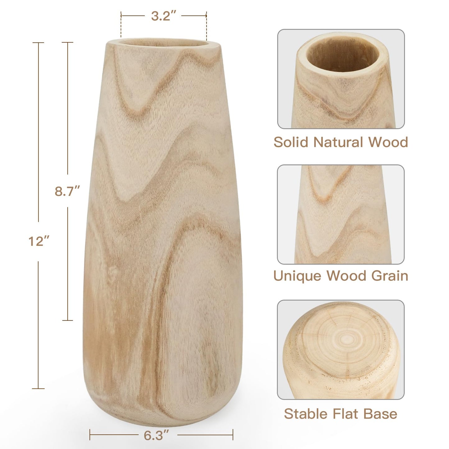 Natural Wood Vase for Dried Flowers - 12 Inch Decorative Wooden Vase, Warm Neutral Farmhouse Boho Decor for Living Room Bedroom Table Shelf